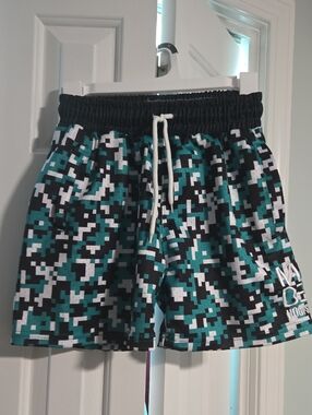 Kids' Pixel-Print Athletic Shorts in Teal, Black & White - Drawstring Waist